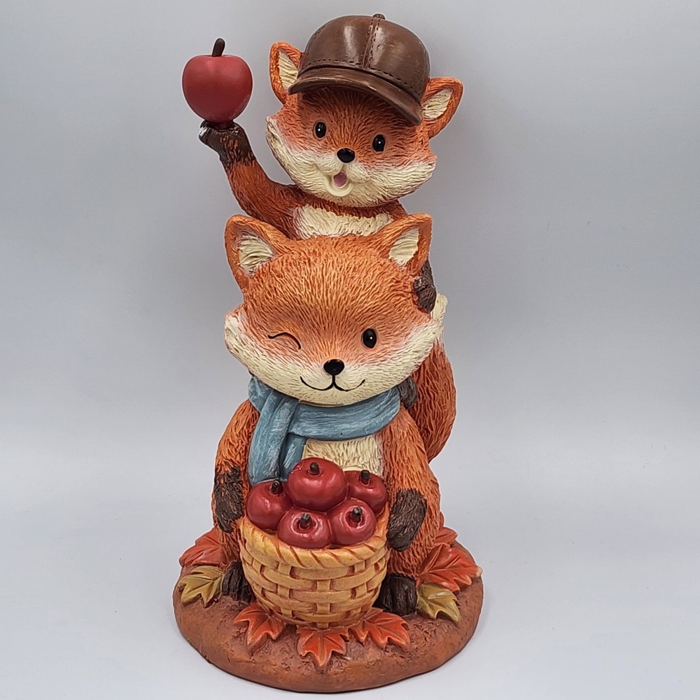 Fall Harvest Fox Figurine Orange Autumn Apple Basket Decor Resin 11" Foxes NEW